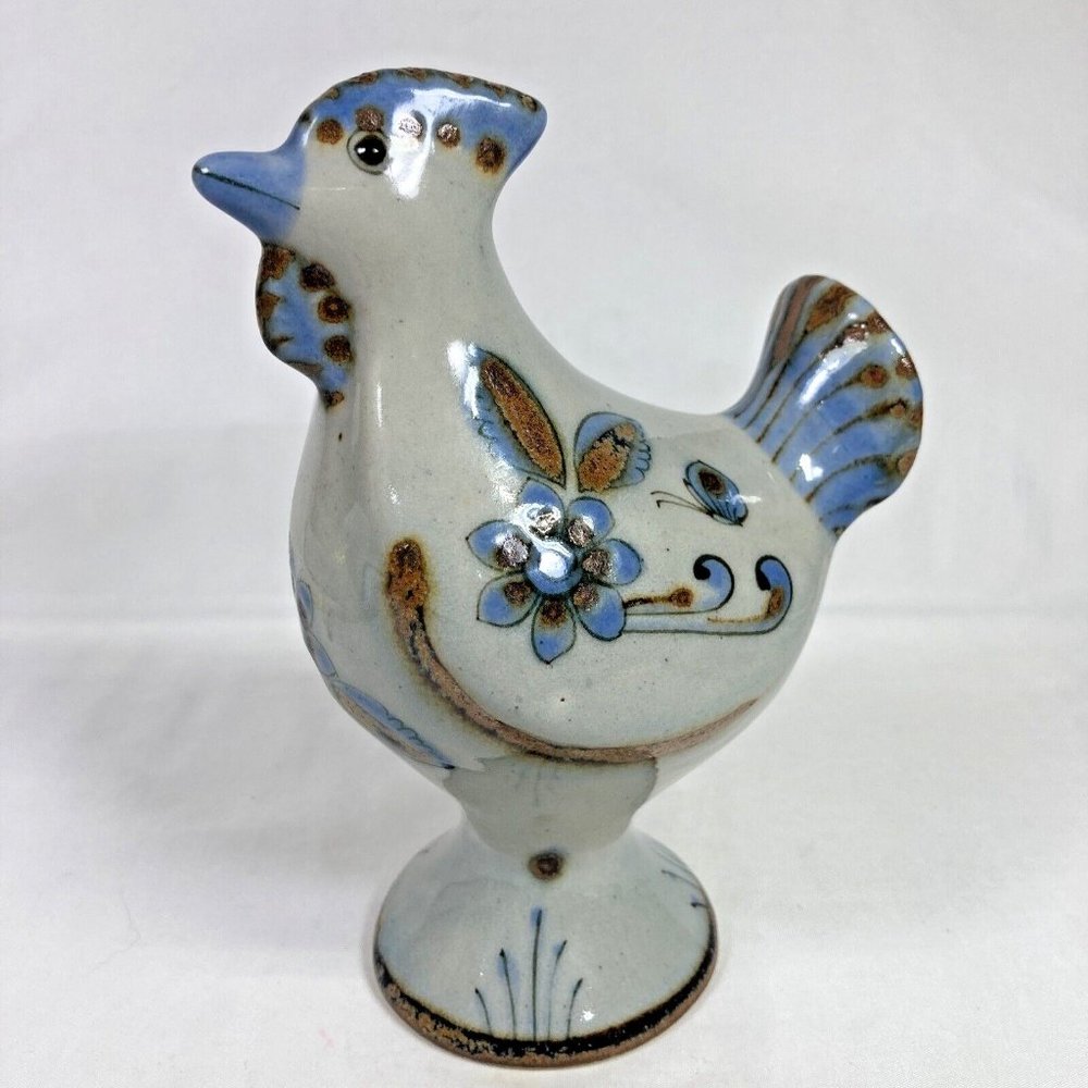 Tonal El Palomar Mexico Pottery Chicken Figurine Floral Blue Butterfly